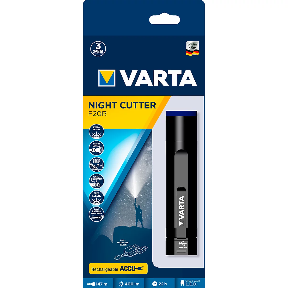 Accu-zaklamp VARTA Nightcutter F20R, 4 lichtstanden, 400 lm, 150 m bereik, ø 34 x h 160 mm