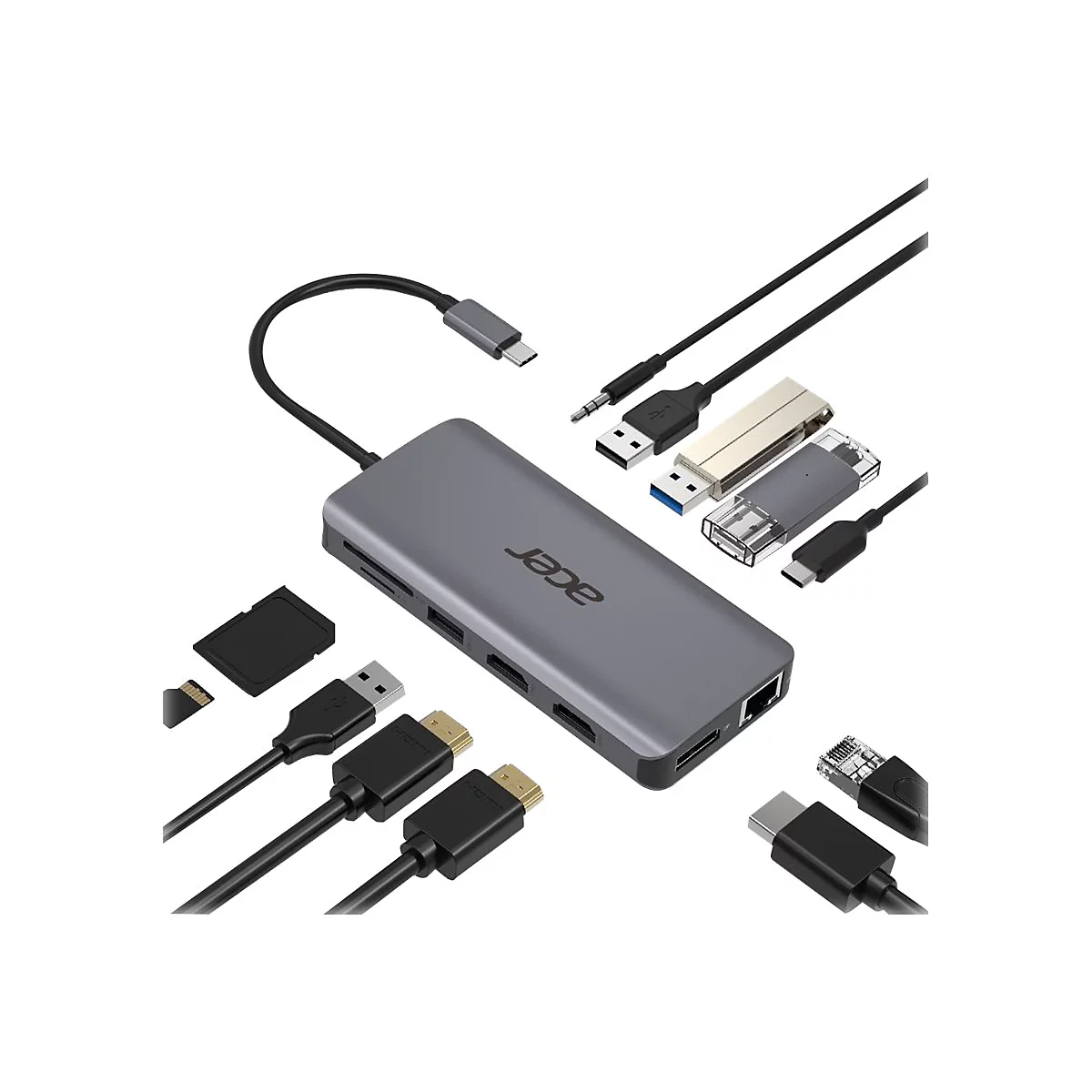 Acer 12-In-1 Type-C Adapter - Dockingstation - USB-C - 2 x HDMI, DP - 1GbE - für Chromebook 51X; Extensa 15; Predator Helios 300; Predator Triton 300; TravelMate Spin B3