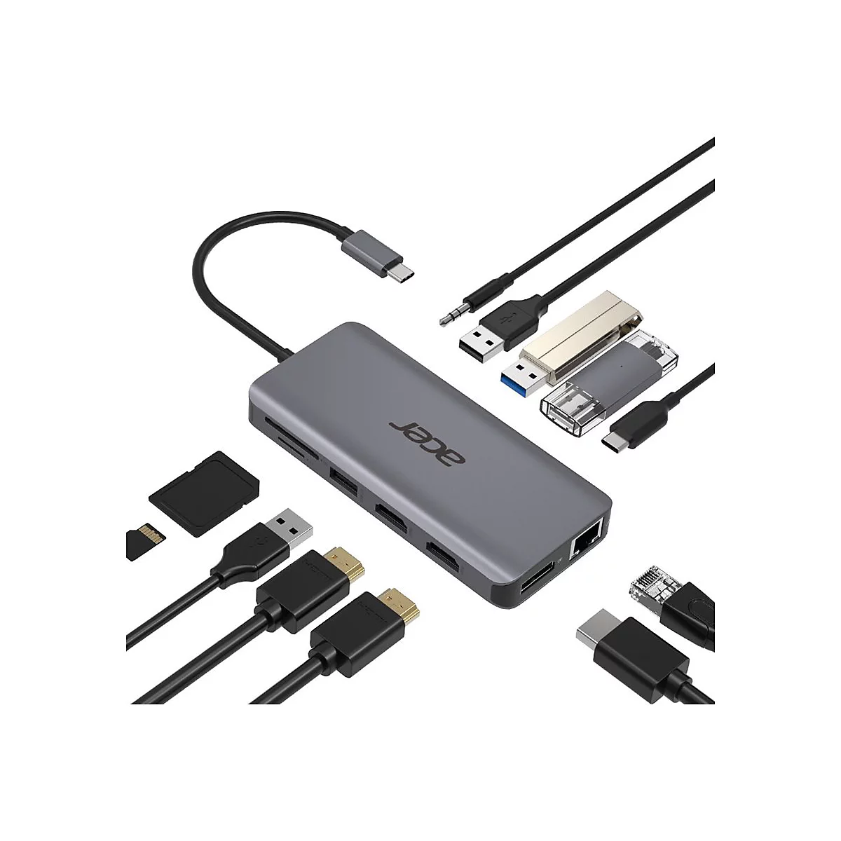 Acer 12-In-1 Type-C Adapter - Dockingstation - USB-C - 2 x HDMI, DP - 1GbE - für Chromebook 51X; Extensa 15; Predator Helios 300; Predator Triton 300; TravelMate Spin B3