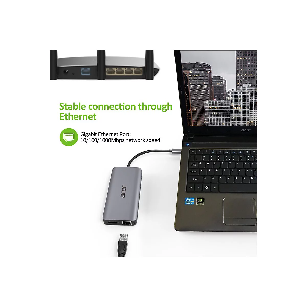 Acer 12-In-1 Type-C Adapter - Dockingstation - USB-C - 2 x HDMI, DP - 1GbE - für Chromebook 51X; Extensa 15; Predator Helios 300; Predator Triton 300; TravelMate Spin B3