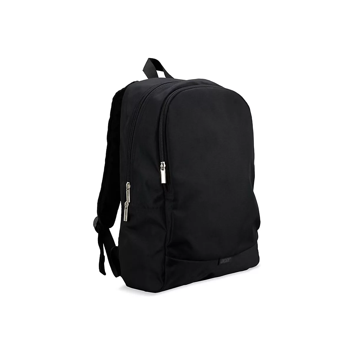 Ein schwarzer Acer Rucksack aus Stoff mit Reißverschlüssen vor weißem Hintergrund.