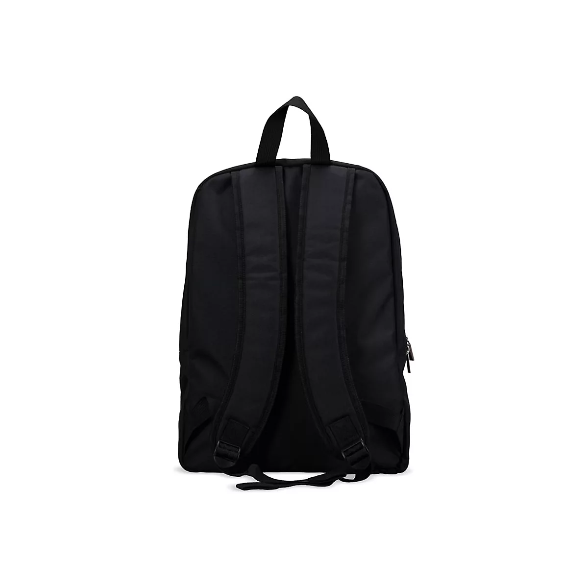 Schwarzer Rucksack von hinten, mit gepolsterten Schultergurten und Trageschlaufe, vor weißem Hintergrund.