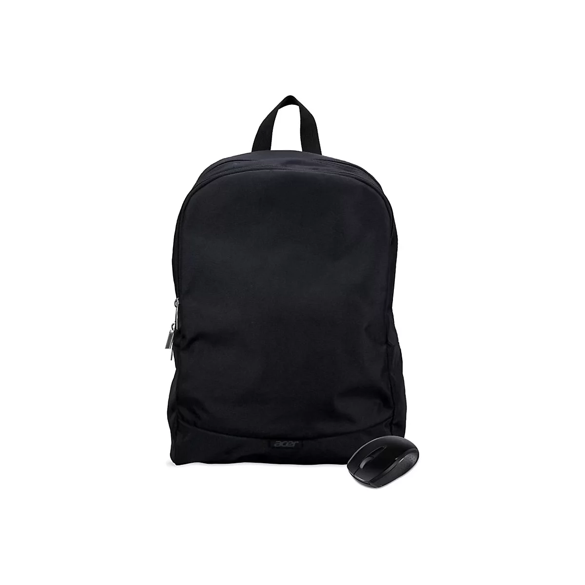 Schwarzer Acer Rucksack mit dazugehöriger schwarzer kabelloser Maus vor weißem Hintergrund.