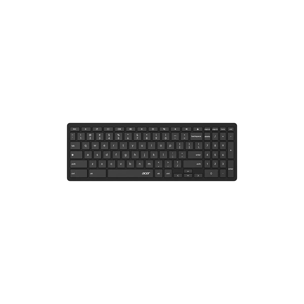 Schwarze Acer-Tastatur mit QWERTZ-Layout und integriertem Ziffernblock vor neutralem, weißem Hintergrund.