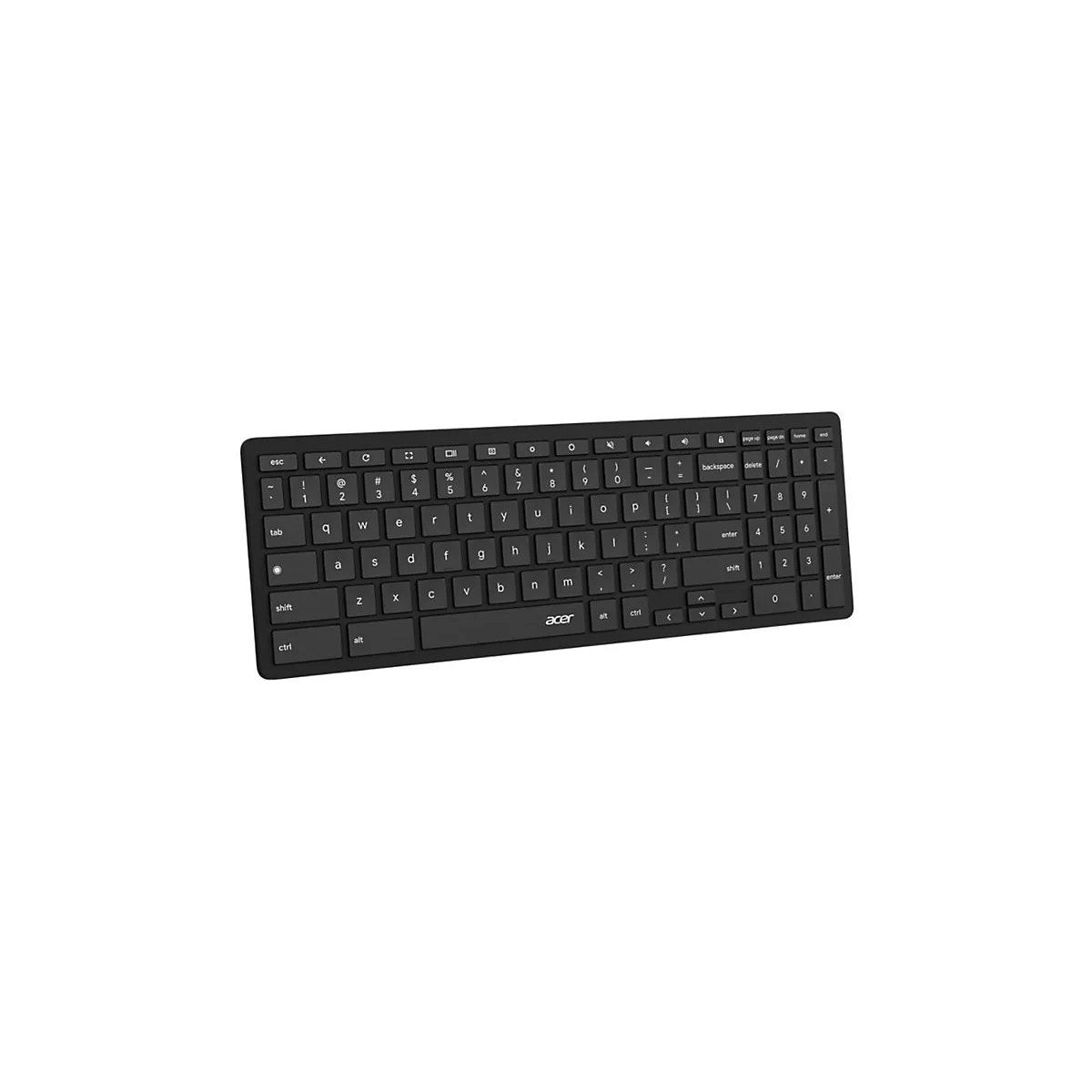 Schwarze Acer-Tastatur mit QWERTY-Layout auf weißem Hintergrund.