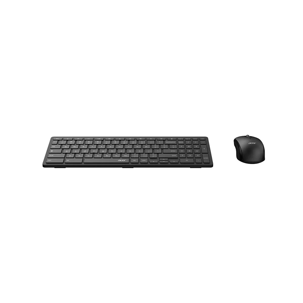 Schwarze kabellose Acer-Tastatur mit flachen Tasten und eine dazu passende schwarze Funkmaus vor weißem Hintergrund.