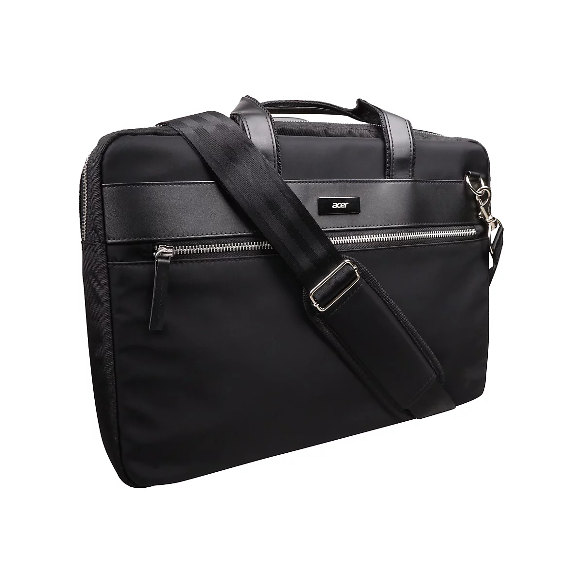 Schwarze Acer Laptoptasche mit Tragegurt und silbernen Reißverschlüssen vor weißem Hintergrund.