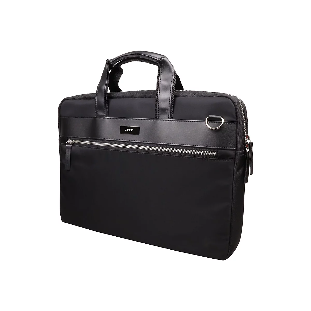 Schwarze Acer Laptoptasche mit silbernem Reißverschluss vor weißem Hintergrund.