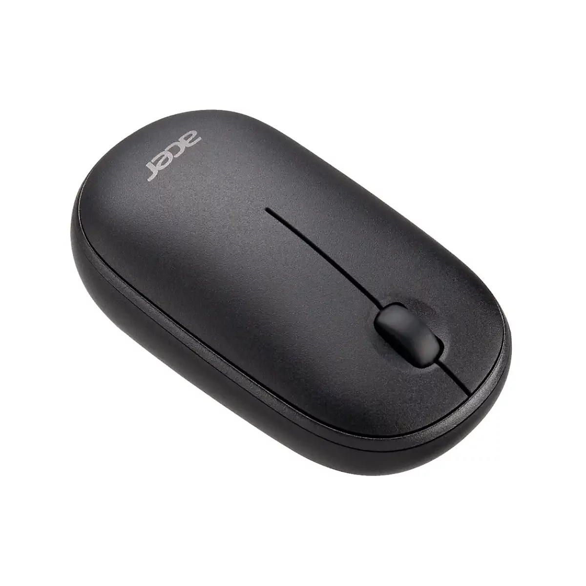 Schwarze, kompakte kabellose Acer-Computermaus vor weißem Hintergrund.