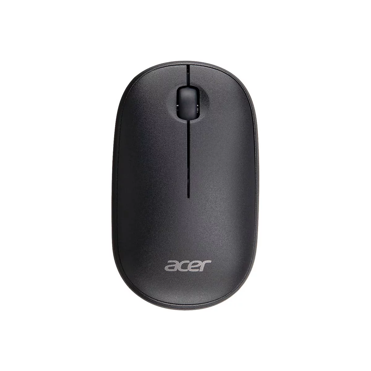 Schwarze, kabellose Acer-Computermaus in der Draufsicht auf weißem Hintergrund.