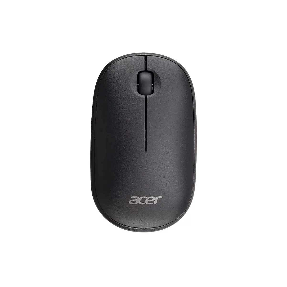 Schwarze, kabellose Acer-Computermaus mit Scrollrad auf weißem Hintergrund.