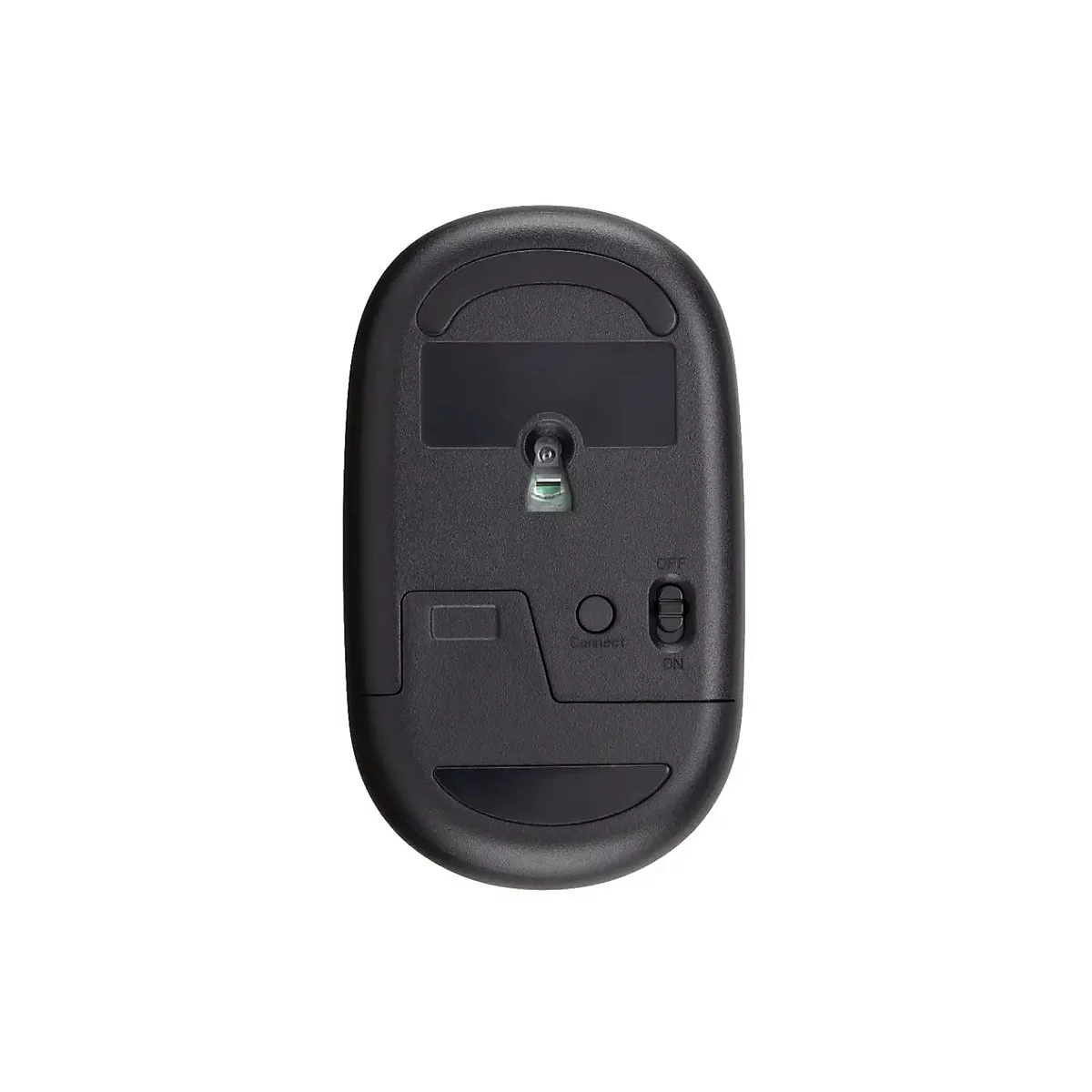 Unterseite einer schwarzen kabellosen Computermaus mit Sensor, Connect-Taste und Ein-Aus-Schalter.