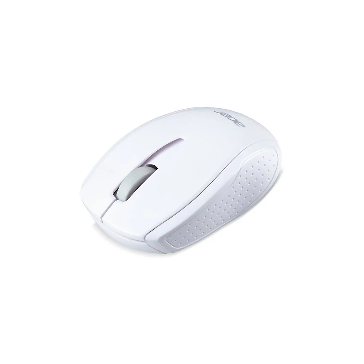 Weiße, kompakte kabellose Acer-Computermaus mit grauem Scrollrad vor weißem Hintergrund.
