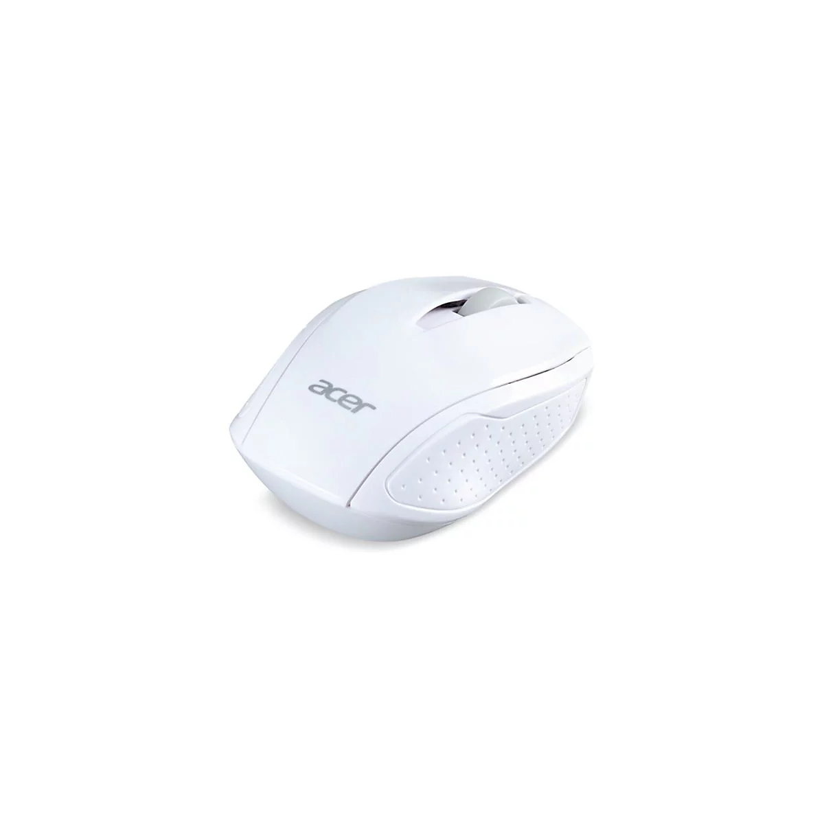 Weiße, kabellose Acer-Computermaus vor neutralem Hintergrund.
