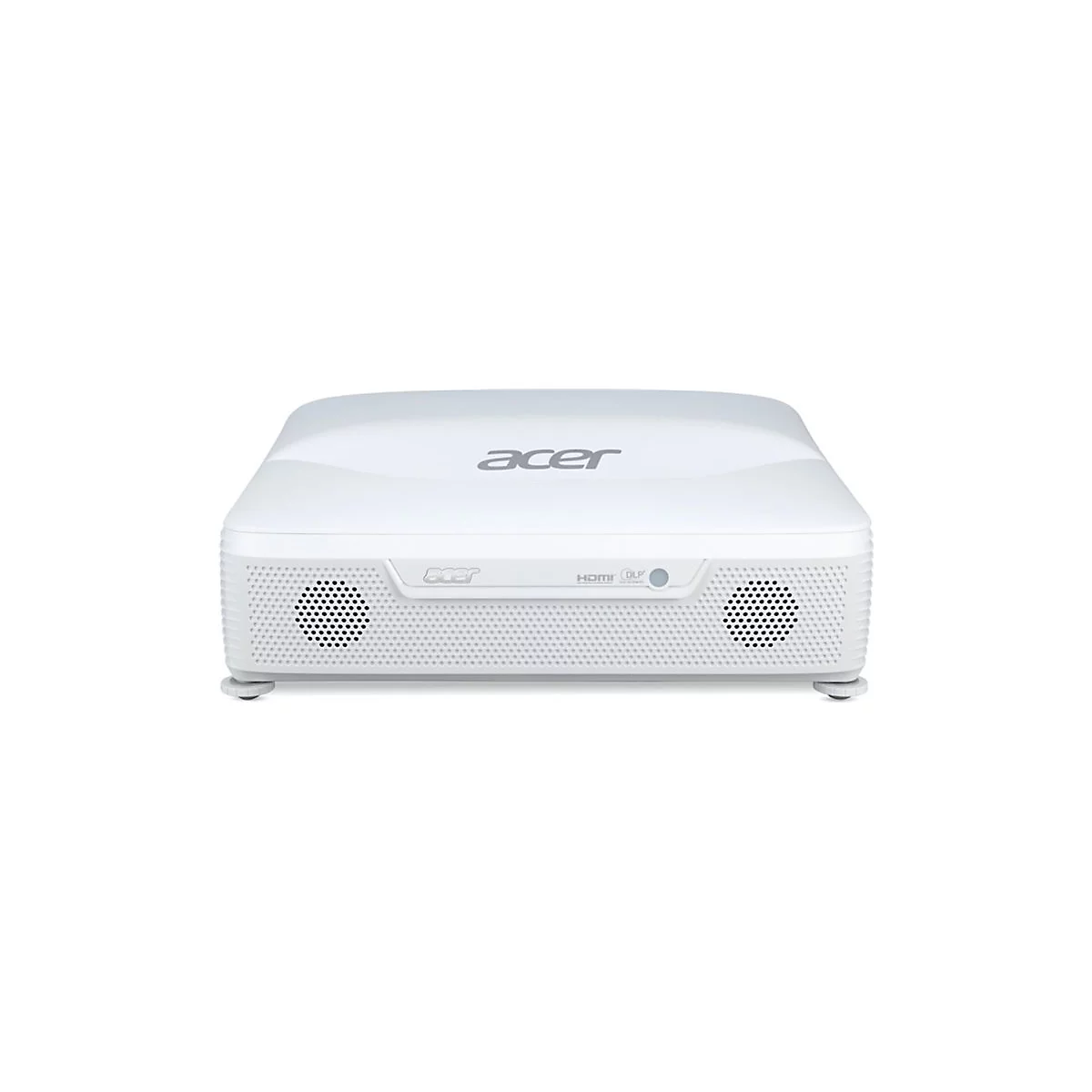 Weißer Acer Projektor in Frontansicht mit erkennbarem Logo, Lautsprechergittern sowie HDMI- und DLP-Beschriftung.