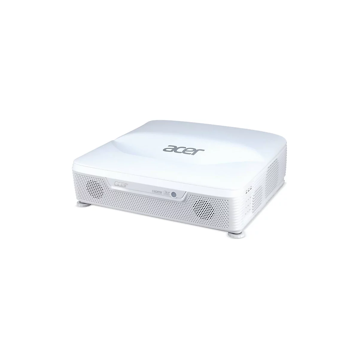 Weißer Acer DLP-Projektor mit perforiertem Gitter auf der Vorderseite vor weißem Hintergrund.