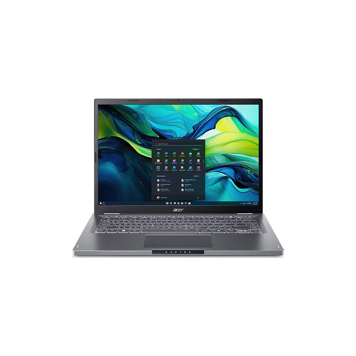 Grauer Laptop mit geöffnetem Display. Windows-Startmenü sichtbar, Acer-Logo am unteren Rand.