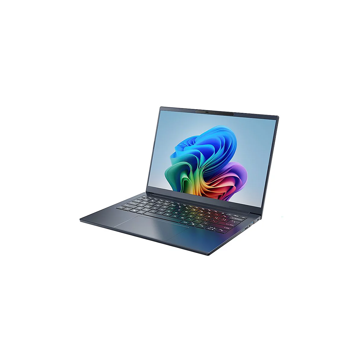 Dunkelblauer Laptop, halb geöffnet. Auf dem Bildschirm: buntes, abstraktes Muster.