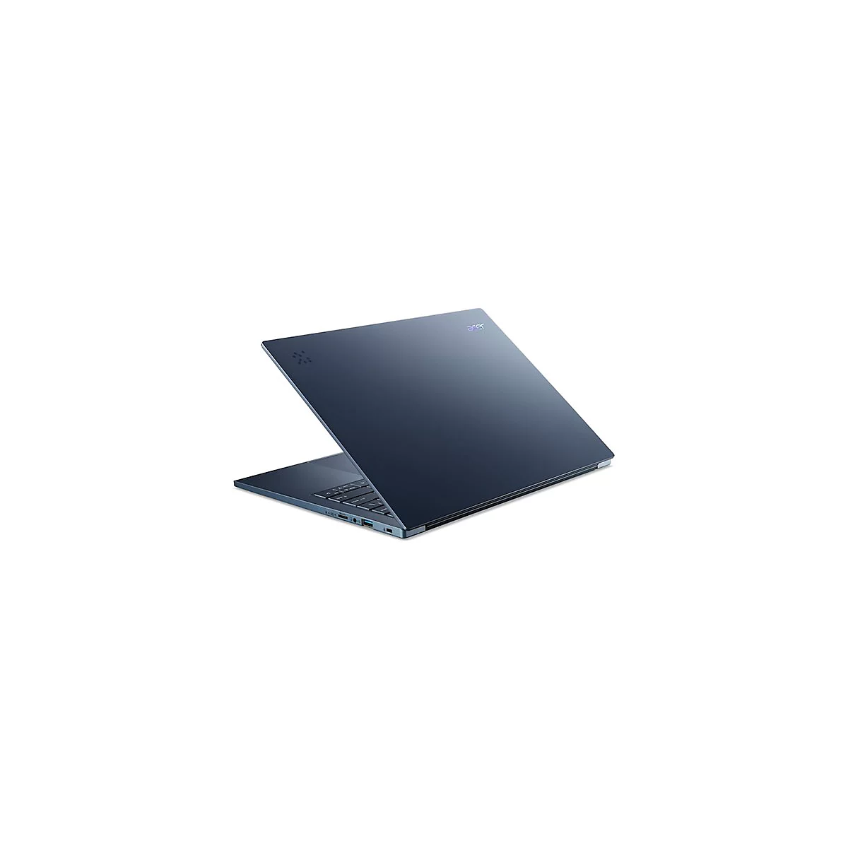Dunkelblauer Laptop, leicht geöffnet, vor weißem Hintergrund. Das Acer-Logo ist sichtbar.