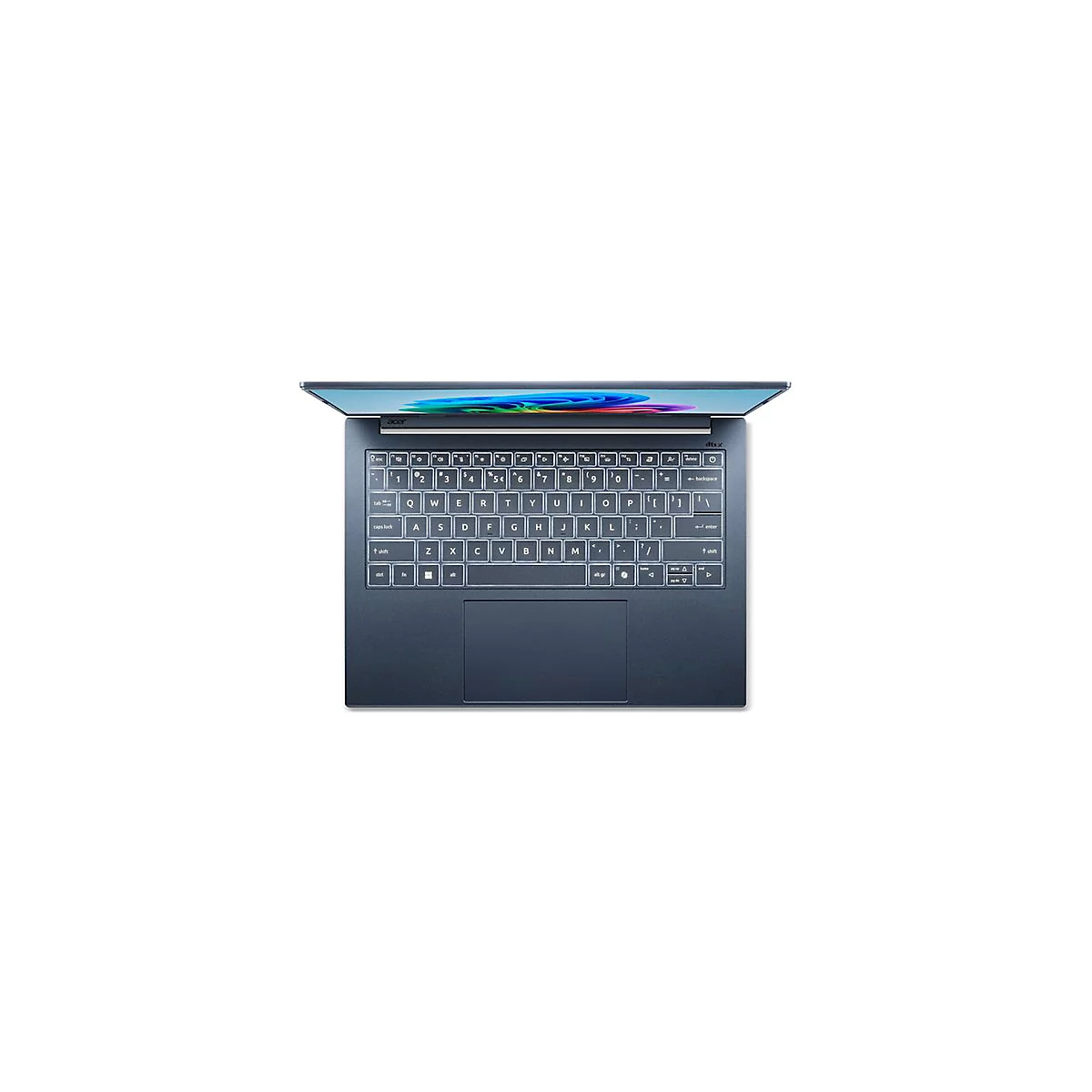 Draufsicht auf ein geöffnetes Acer-Laptop. Tastatur mit beleuchteten Tasten, Hintergrund mit bunten Farben.