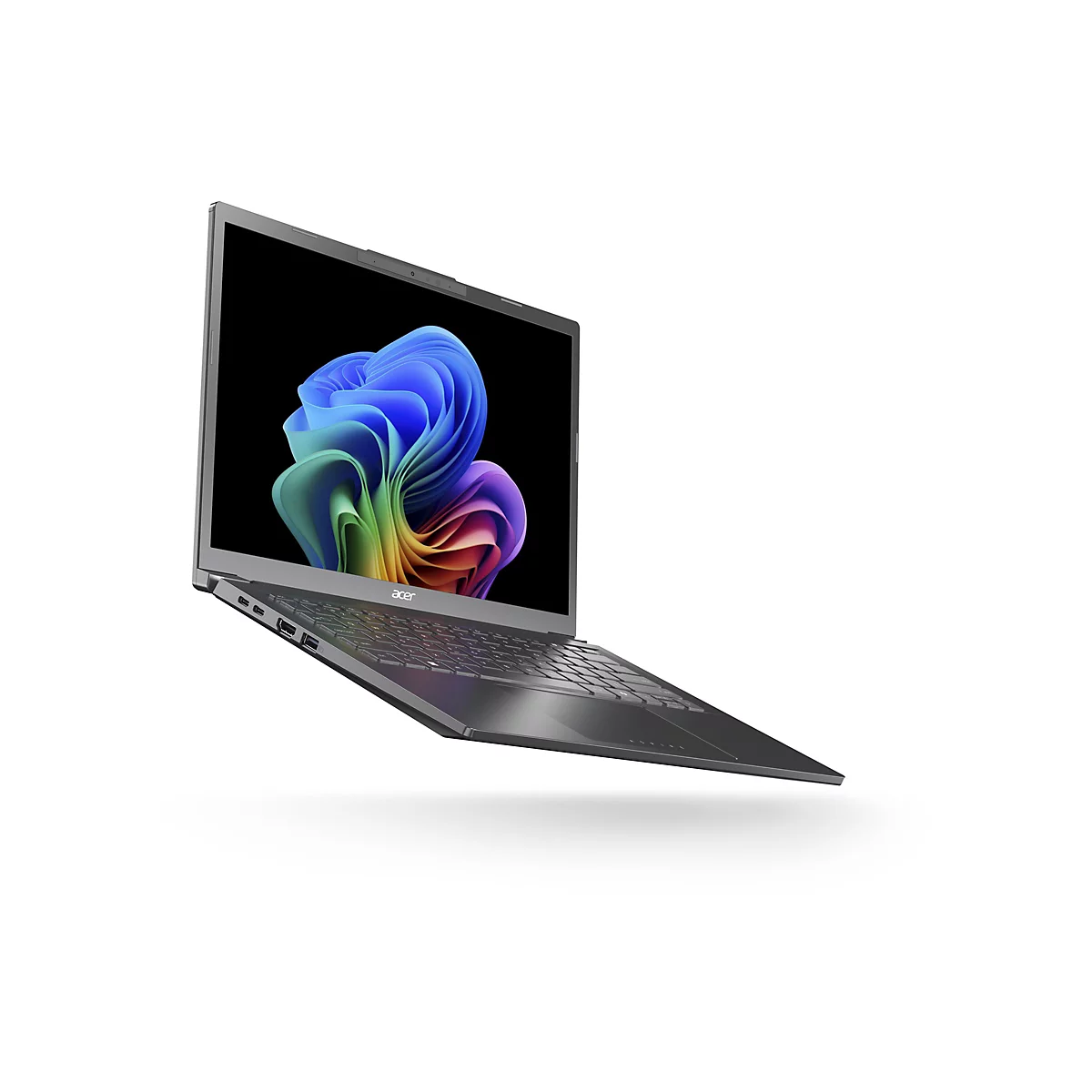 Grauer Laptop, leicht schräg von unten fotografiert, zeigt farbenfrohen Wirbel auf dem Display, weißer Hintergrund. Acer Logo.