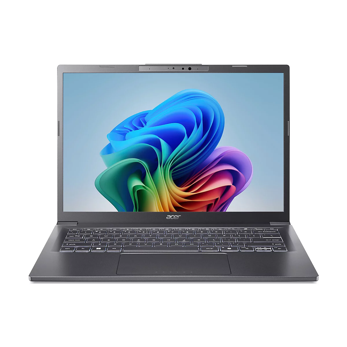 Ein grauer Laptop mit beleuchteter Tastatur. Der Bildschirm zeigt ein abstraktes, farbenfrohes Muster. Das Acer Logo ist sichtbar.