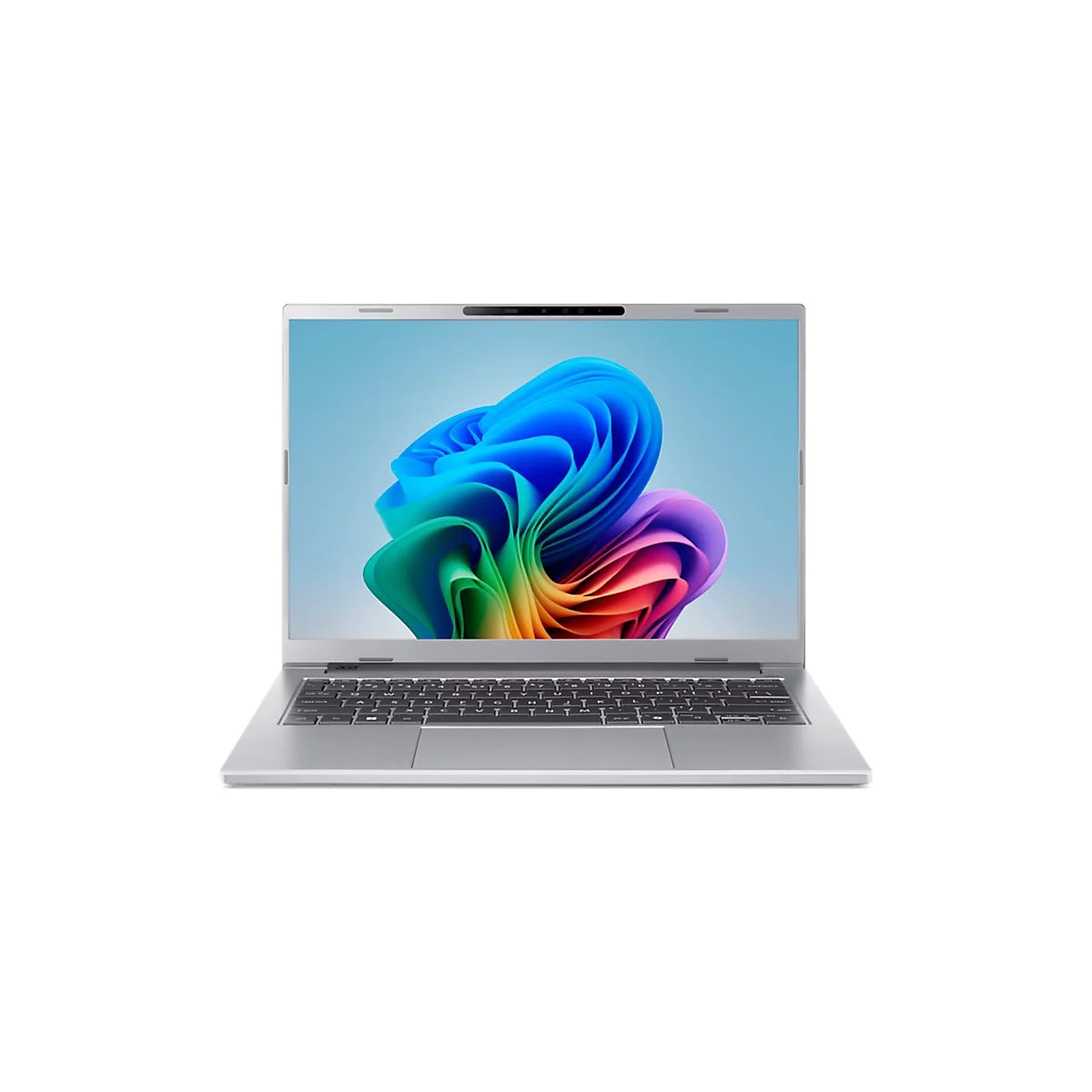 Ein silberner Laptop mit geöffnetem Display. Auf dem Bildschirm ein farbenfrohes, abstraktes Design vor blauem Hintergrund.