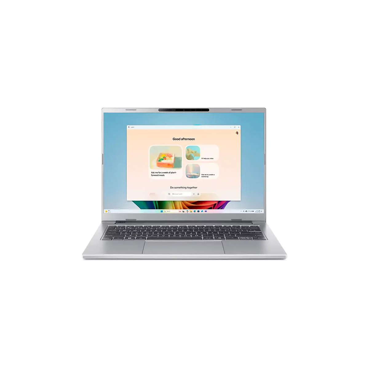 Silberner Laptop, Bildschirm mit Willkommensanzeige. Text: Guten Tag. Fragen Sie mich nach einer Woche pflanzlicher Mahlzeiten. 