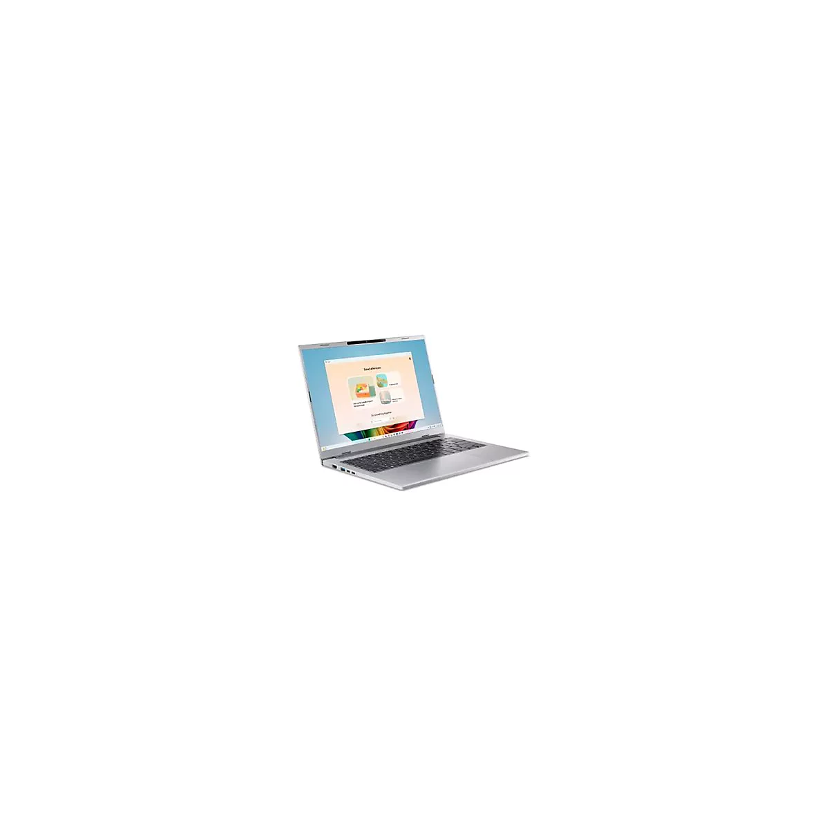Silberner Laptop im Winkel. Auf dem Bildschirm ist eine Benutzeroberfläche mit App-Symbolen und Text zu sehen.