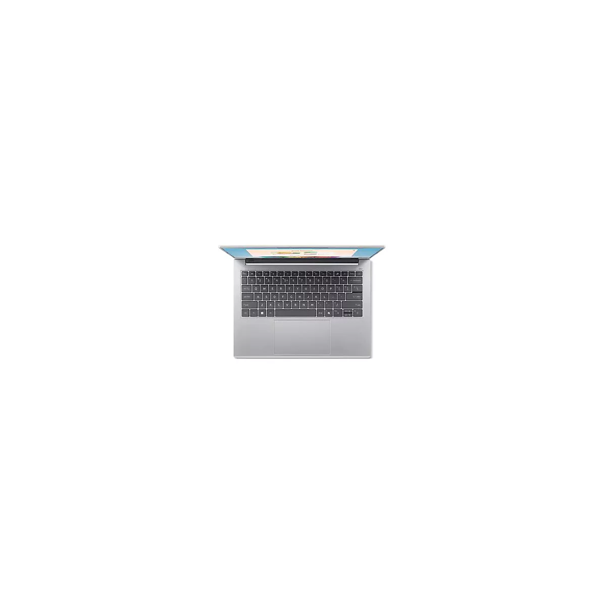 Draufsicht auf einen geöffneten, grauen Laptop mit einer Tastatur und einem Touchpad. Der Bildschirm ist leicht geneigt.