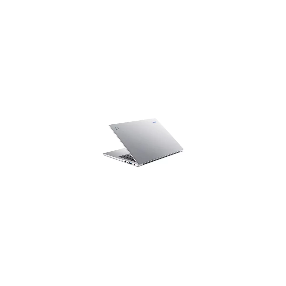 Silberner Laptop von Acer, leicht angewinkelt, auf weißem Hintergrund. Das Acer-Logo ist oben rechts.