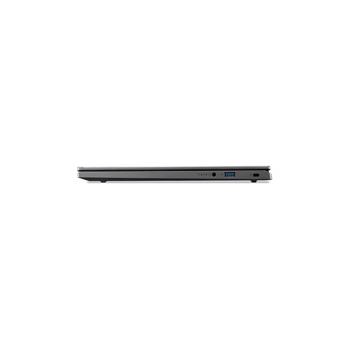 Dunkelgraues Laptop-Seitenprofil mit Anschlüssen, wie USB, Kopfhöreranschluss und Ladeanschluss.