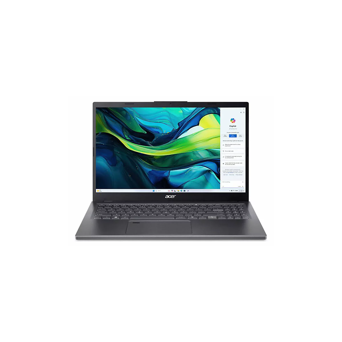 Ein grauer Laptop von Acer mit geöffnetem Bildschirm. Auf dem Bildschirm ist ein Menü namens Copilot zu sehen.