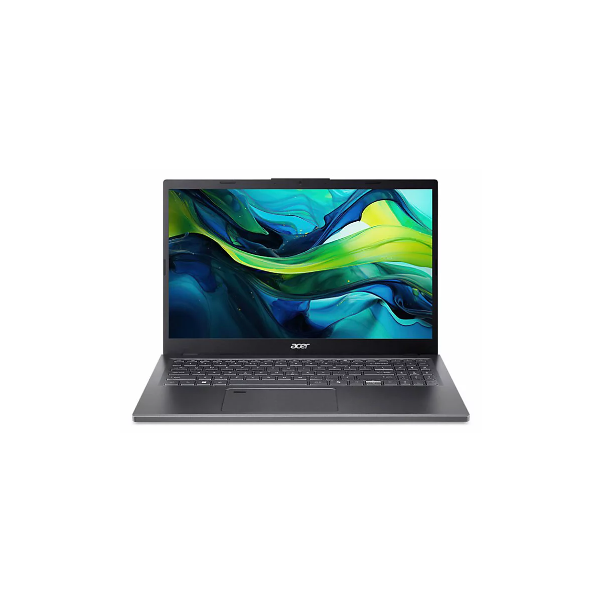 Dunkelgraues Acer Laptop mit geöffnetem Display, auf dem ein abstraktes, farbenfrohes Muster zu sehen ist. Tastatur und Logo sind gut sichtbar.