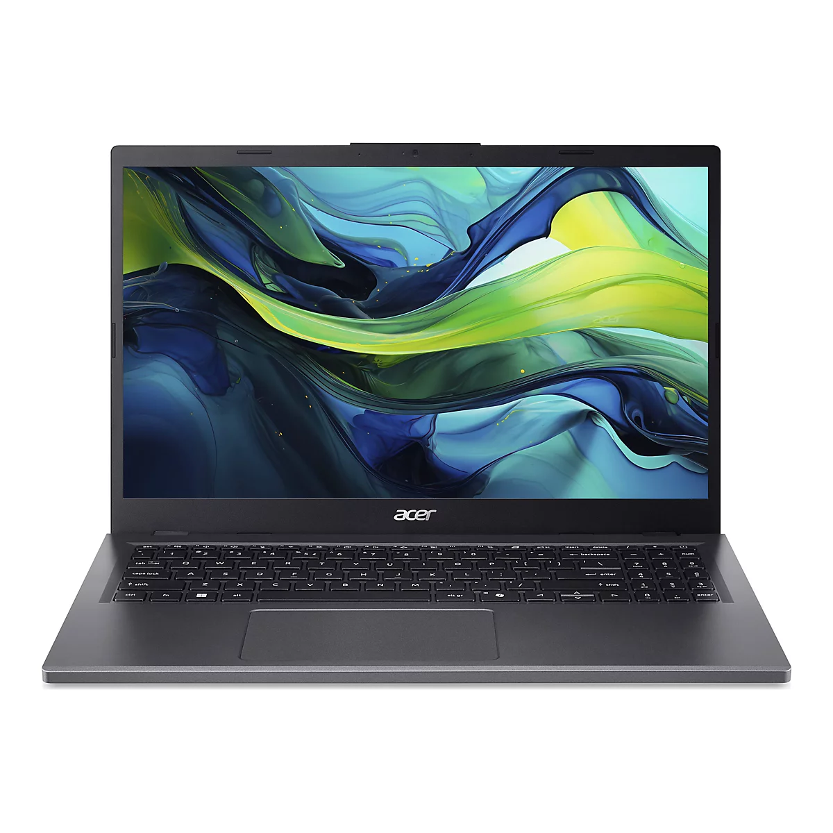 Dunkelgraues Acer Notebook mit geöffnetem Display, das einen abstrakten Hintergrund zeigt. Tastatur, Touchpad und Acer-Logo sind zu sehen.