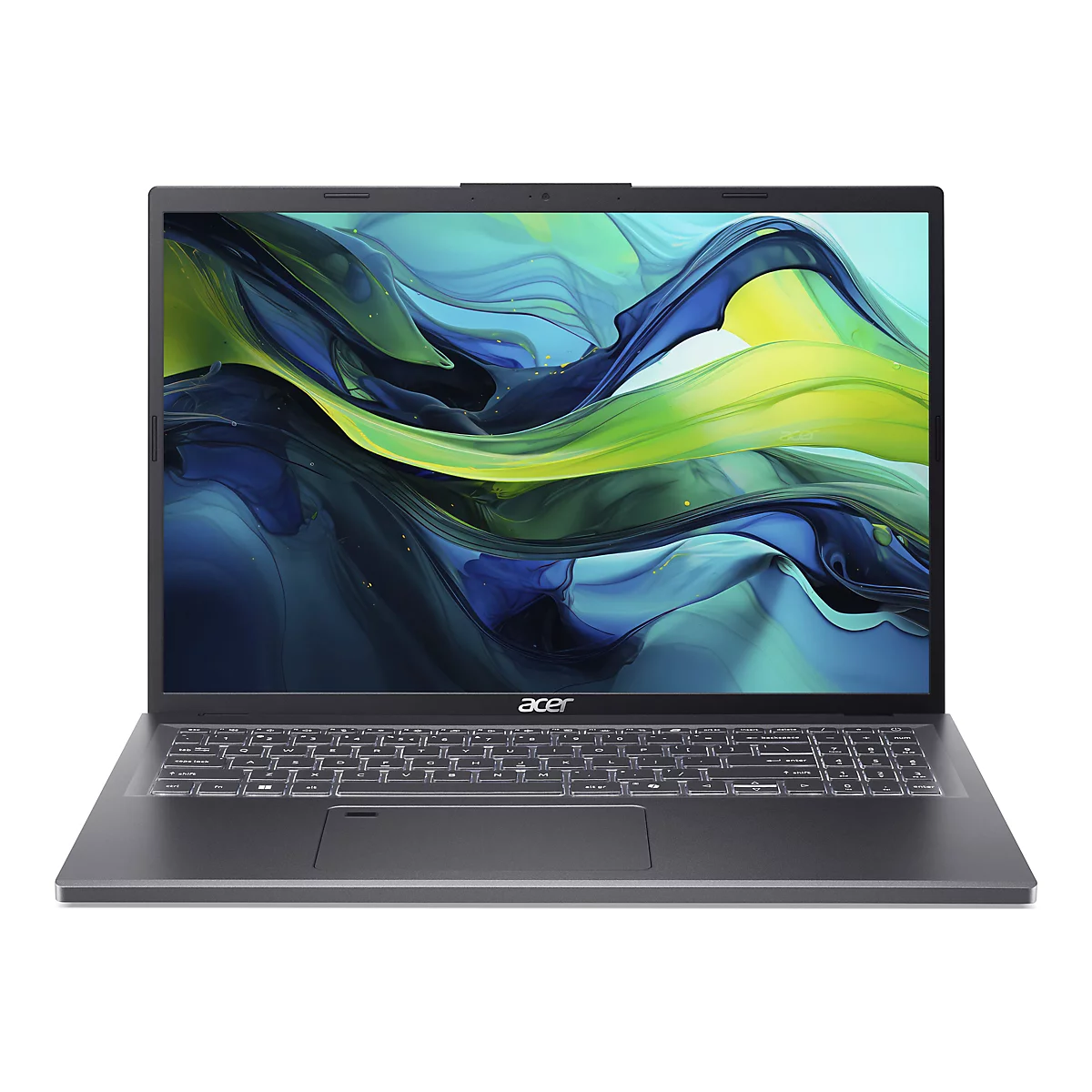 Dunkelgraues Acer Laptop mit beleuchteter Tastatur, geöffnet, Bildschirm zeigt abstraktes grünes und blaues Muster. Das Acer Logo ist am unteren Rand platziert.