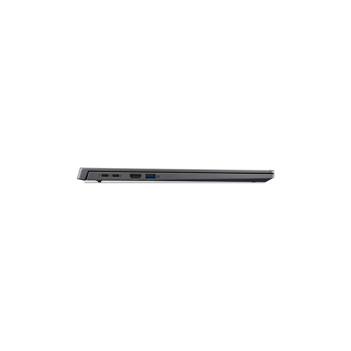 Dunkelgraues Laptop-Profil mit Anschlüssen, wie HDMI und USB-C, vor weißem Hintergrund.