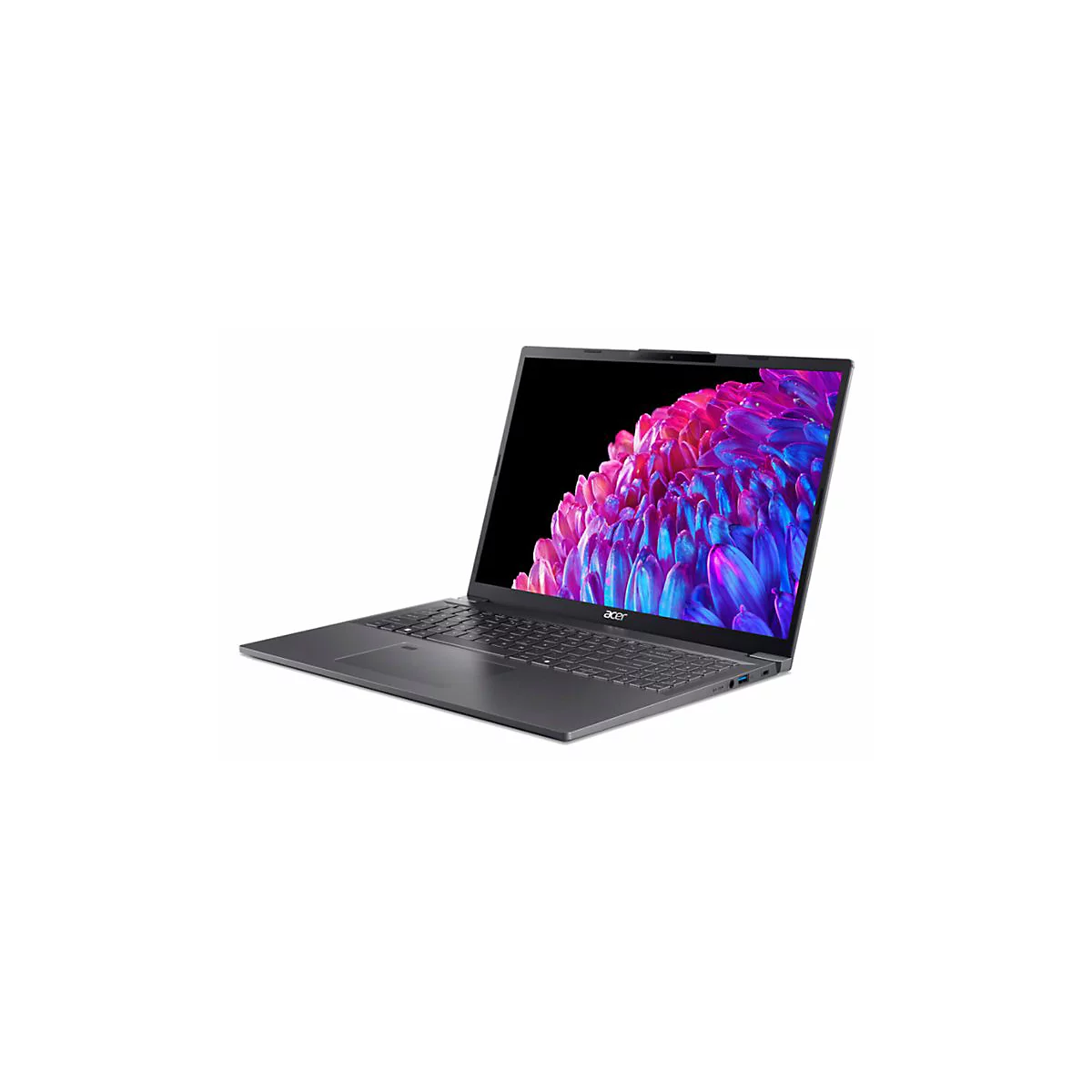 Dunkelgraues Acer-Laptop, Bildschirm zeigt abstraktes Muster. Tastatur und Logo deutlich erkennbar.