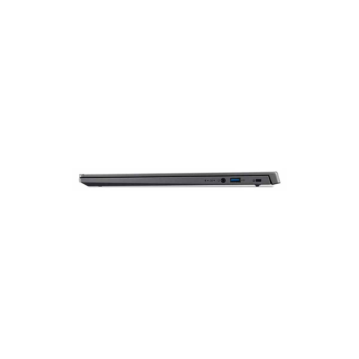 Dunkelgraues Laptop-Profil mit Anschlüssen, USB-Anschluss, Power-Button, und Kontrollleuchten.