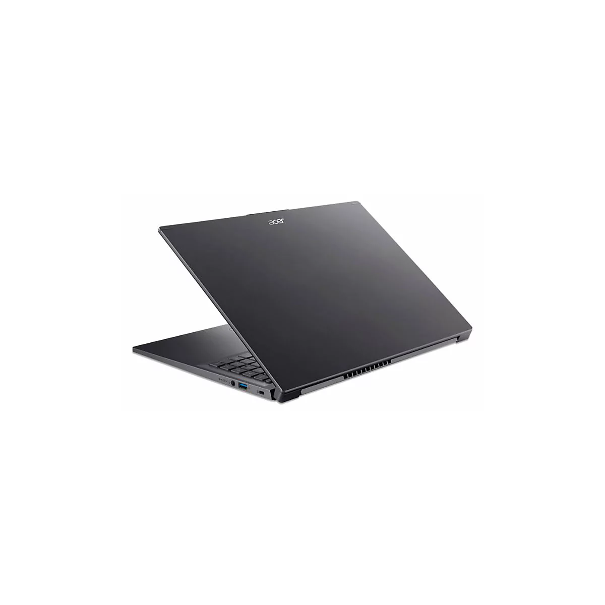 Dunkelgraues Acer Laptop, teilweise geöffnet, auf weißem Hintergrund. Der Schriftzug 'acer' ist auf der Oberseite zu sehen.