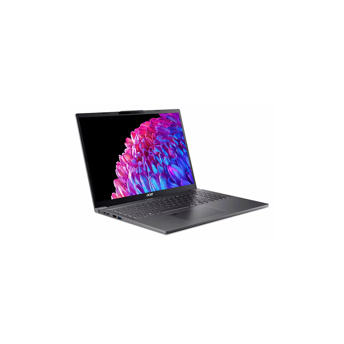 Dunkelgraues Acer-Laptop mit geöffnetem Display. Auf dem Bildschirm ein abstraktes Muster in Blau- und Lilatönen. Grauer Hintergrund.