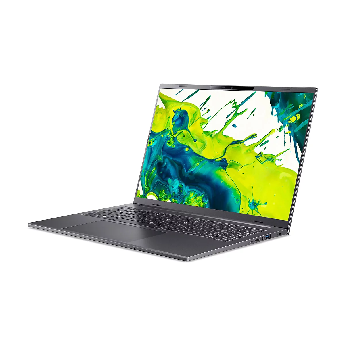 Dunkelgrauer Acer Laptop in perspektivischer Ansicht vor weißem Hintergrund mit abstraktem, buntem Display-Hintergrundbild.
