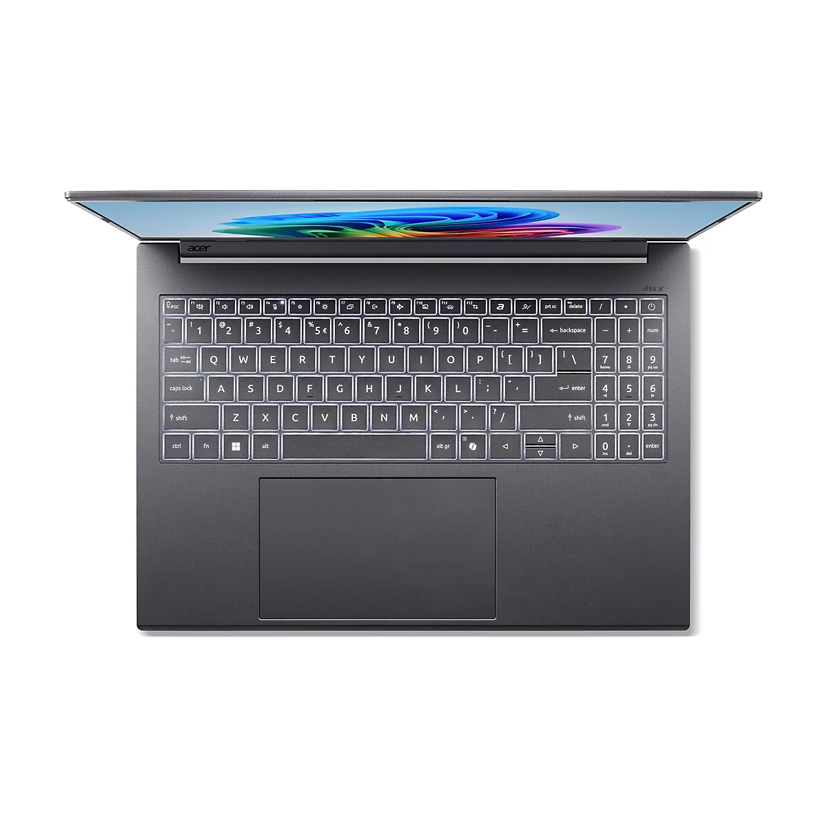 Draufsicht auf ein geöffnetes Acer-Laptop. Die Tastaturbeleuchtung leuchtet weiß. Der Bildschirm zeigt ein farbenfrohes, abstraktes Muster.