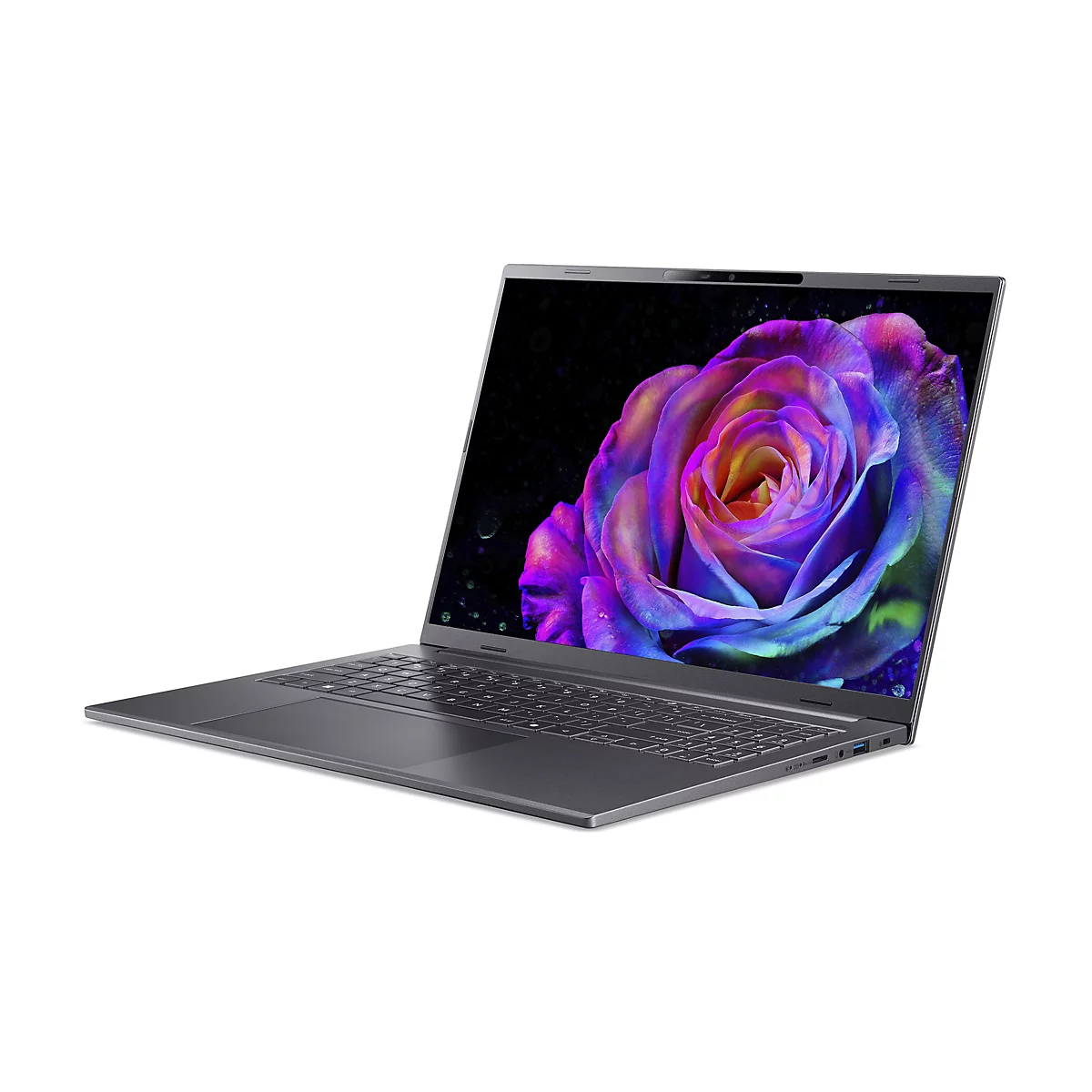 Grauer Laptop mit offenem Bildschirm, auf dem eine bunte Rose zu sehen ist.