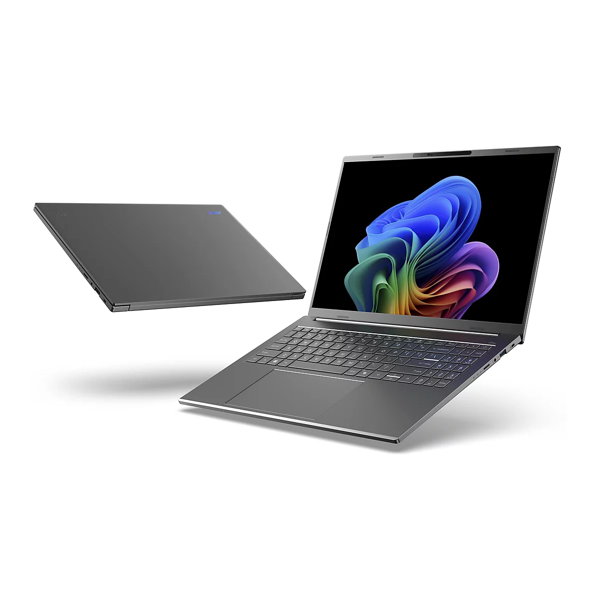 Grauer Laptop, teilweise geöffnet, zeigt Tastatur und farbenfrohen Bildschirm, daneben der Deckel.