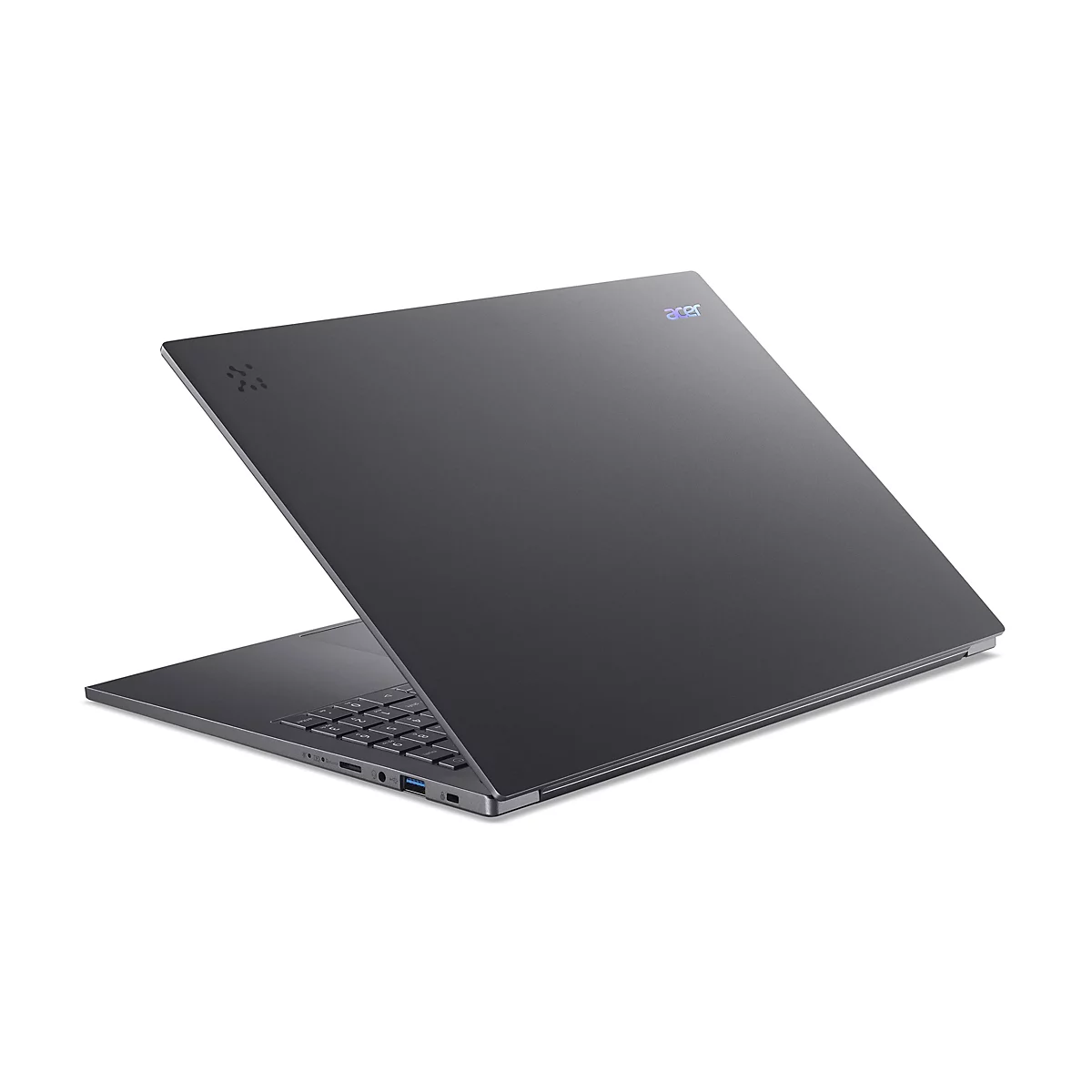 Dunkelgraues Acer Laptop, leicht angewinkelt, auf weißem Hintergrund. Das Acer-Logo ist sichtbar.