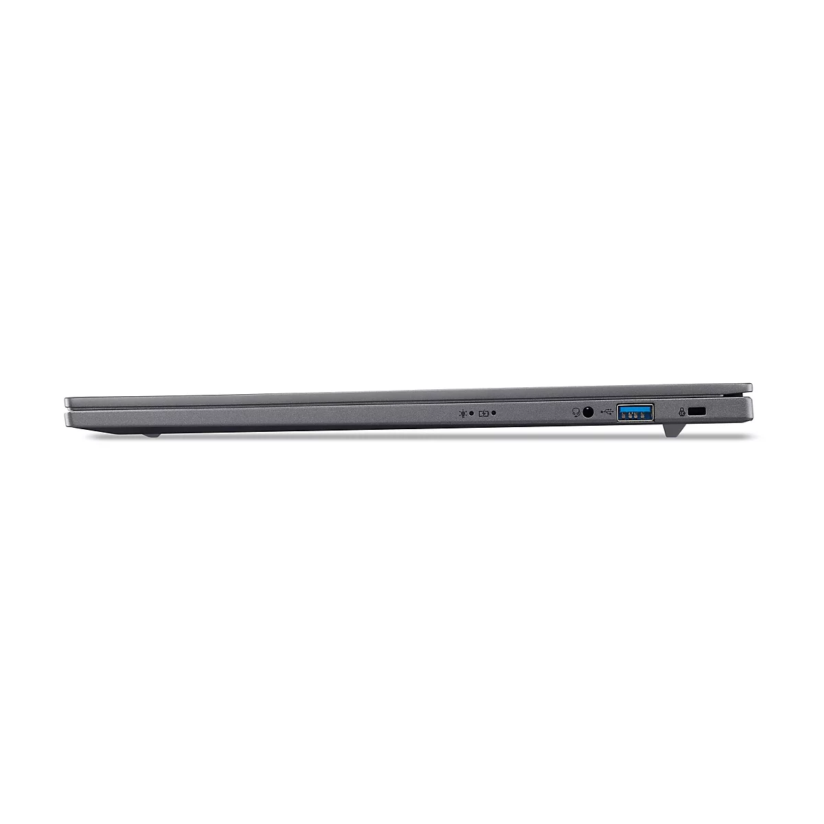 Seitenansicht eines schlanken, grauen Laptops mit sichtbaren Anschlüssen, darunter USB und Kopfhörerbuchse.