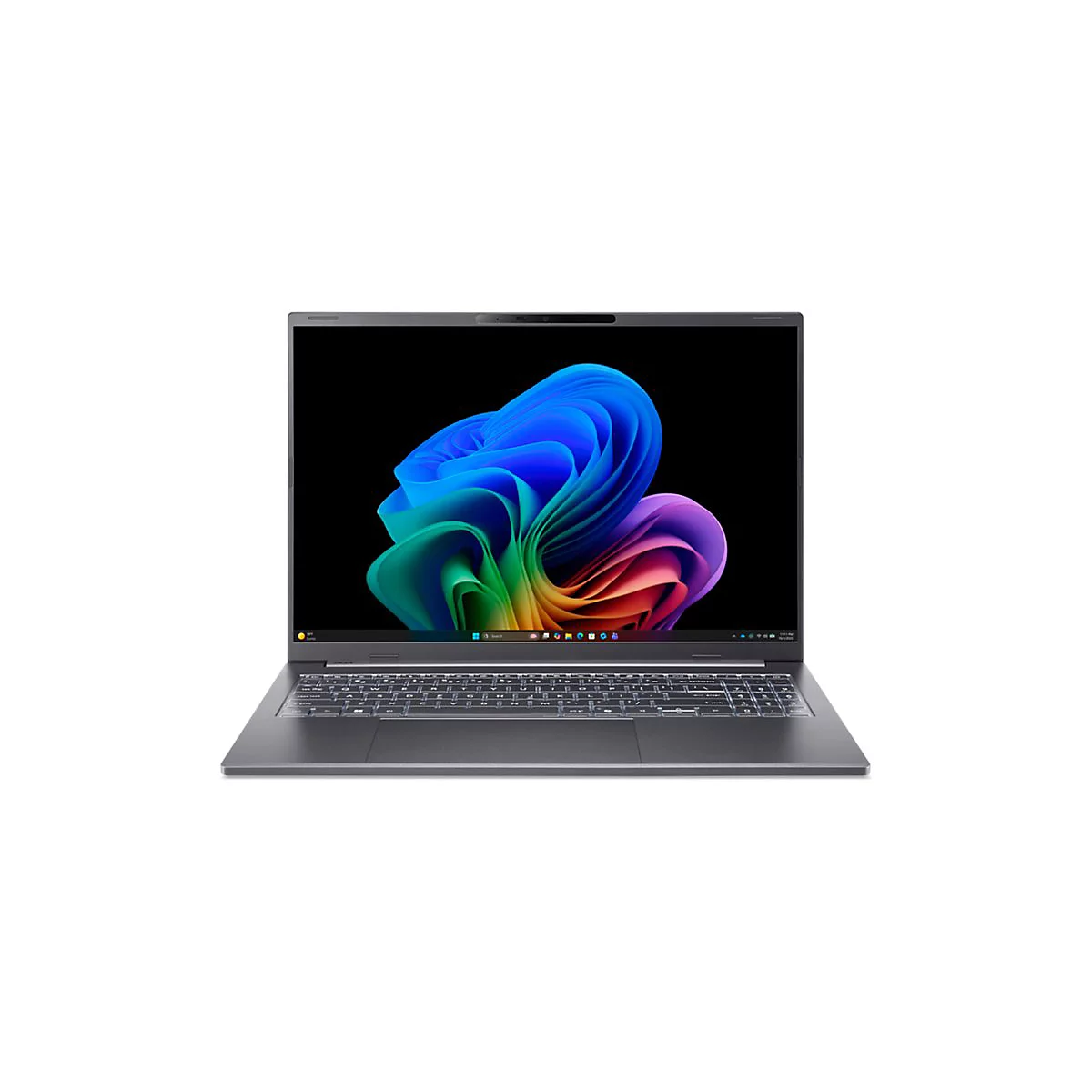 Dunkelgrauer Laptop mit beleuchteter Tastatur und Windows 11 Desktop vor hellem Hintergrund.