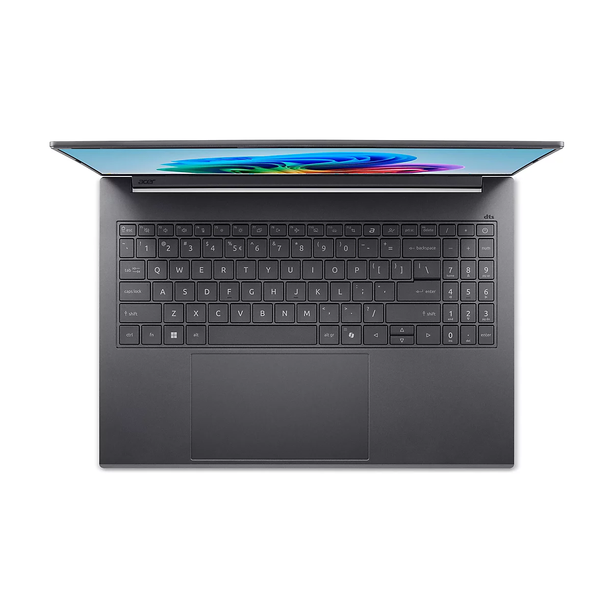 Draufsicht eines aufgeklappten Acer Laptops mit dunkler Tastatur, Nummernblock und integriertem Touchpad.