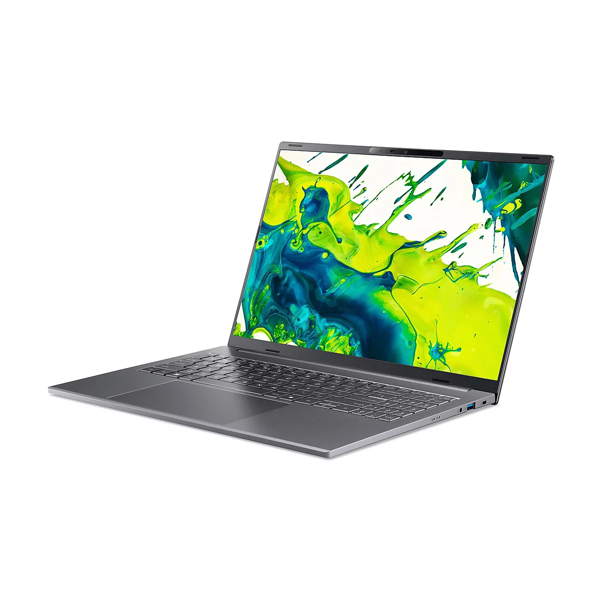 Dunkelgrauer Acer Laptop in perspektivischer Ansicht mit abstraktem, grün-blauem Farbspritzer-Hintergrundbild.